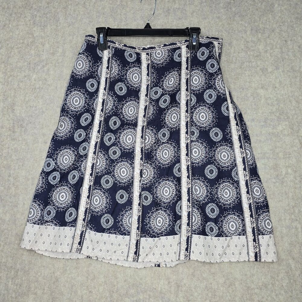Navy Blue Midi Skirt Mandala Design Accents Side Zipper Cotton Blend Size 8